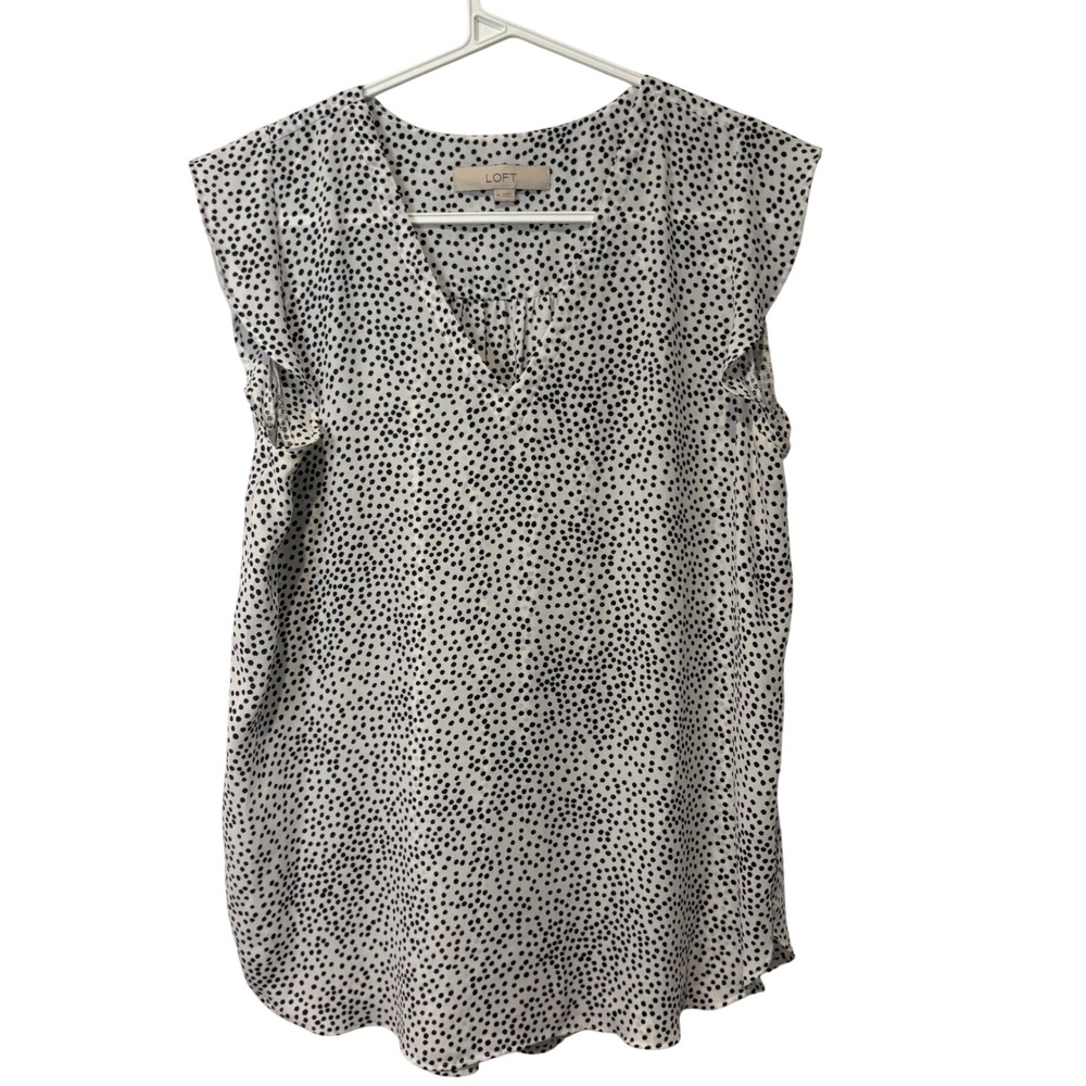 LOFT Polka Dot Blouse Womens M White Black Flutter Sleeve V-Neck Top
